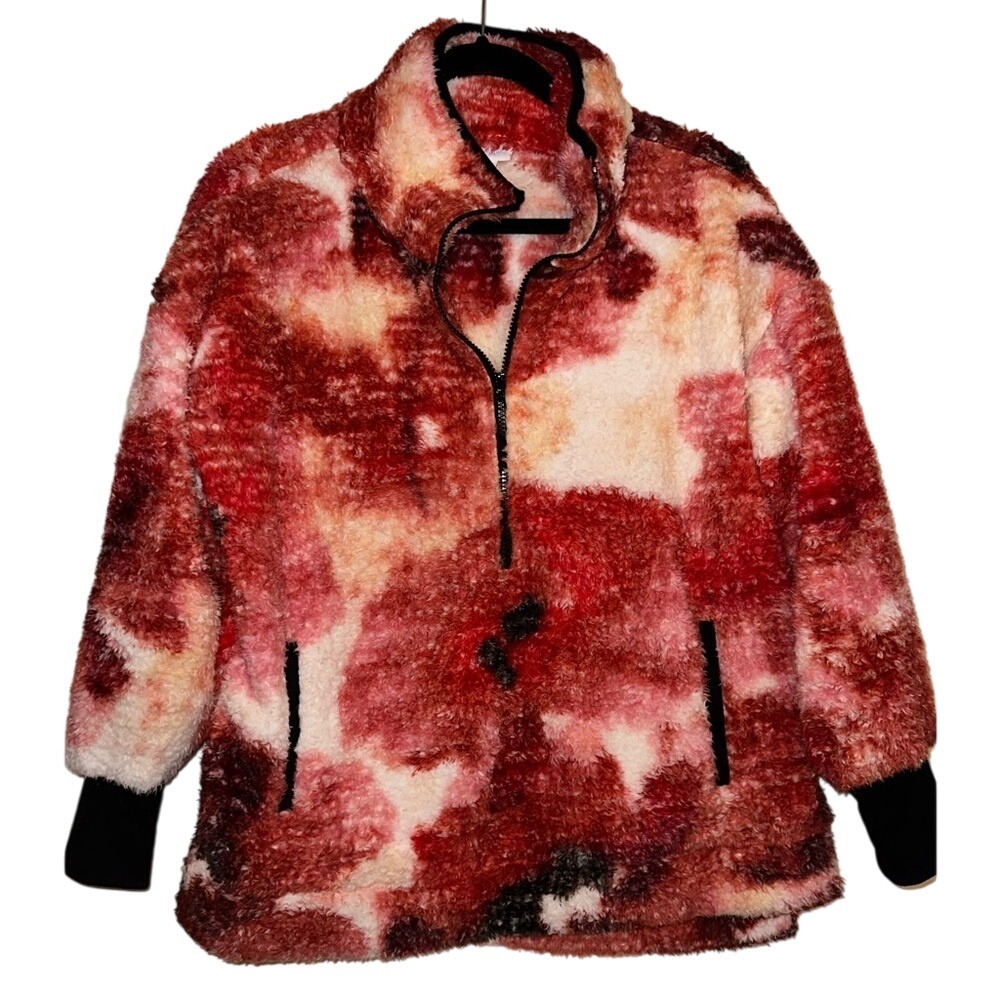 Fuzzy Sherpa Pullover Jacket Red Pink Cream Quarter Zip Cozy‎ Comfy